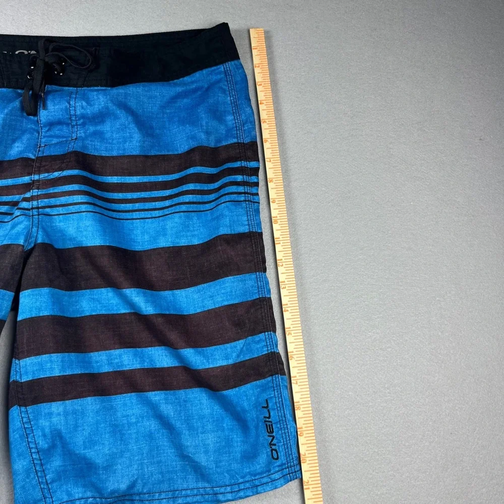 ONeill Mens Blue Black Striped Board Shorts Swim Trunks Size 34 Cargo Pocket